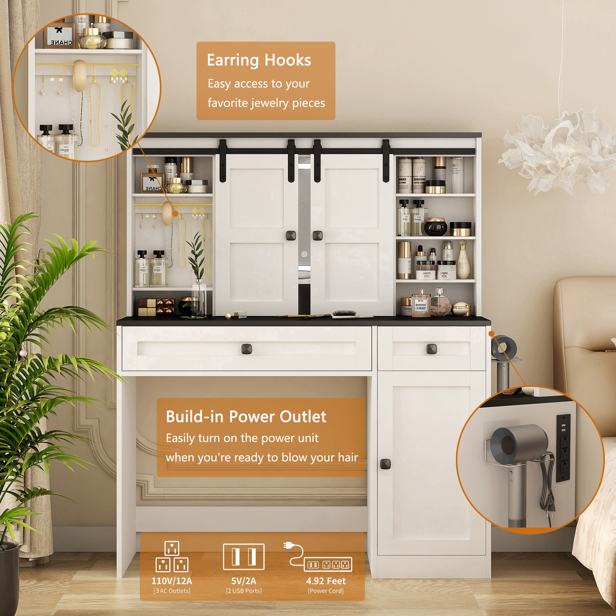 Aukfa Farmhouse Vanity Desk w/Mirror & Light, Large Dressing Table Set for Bedroom,White