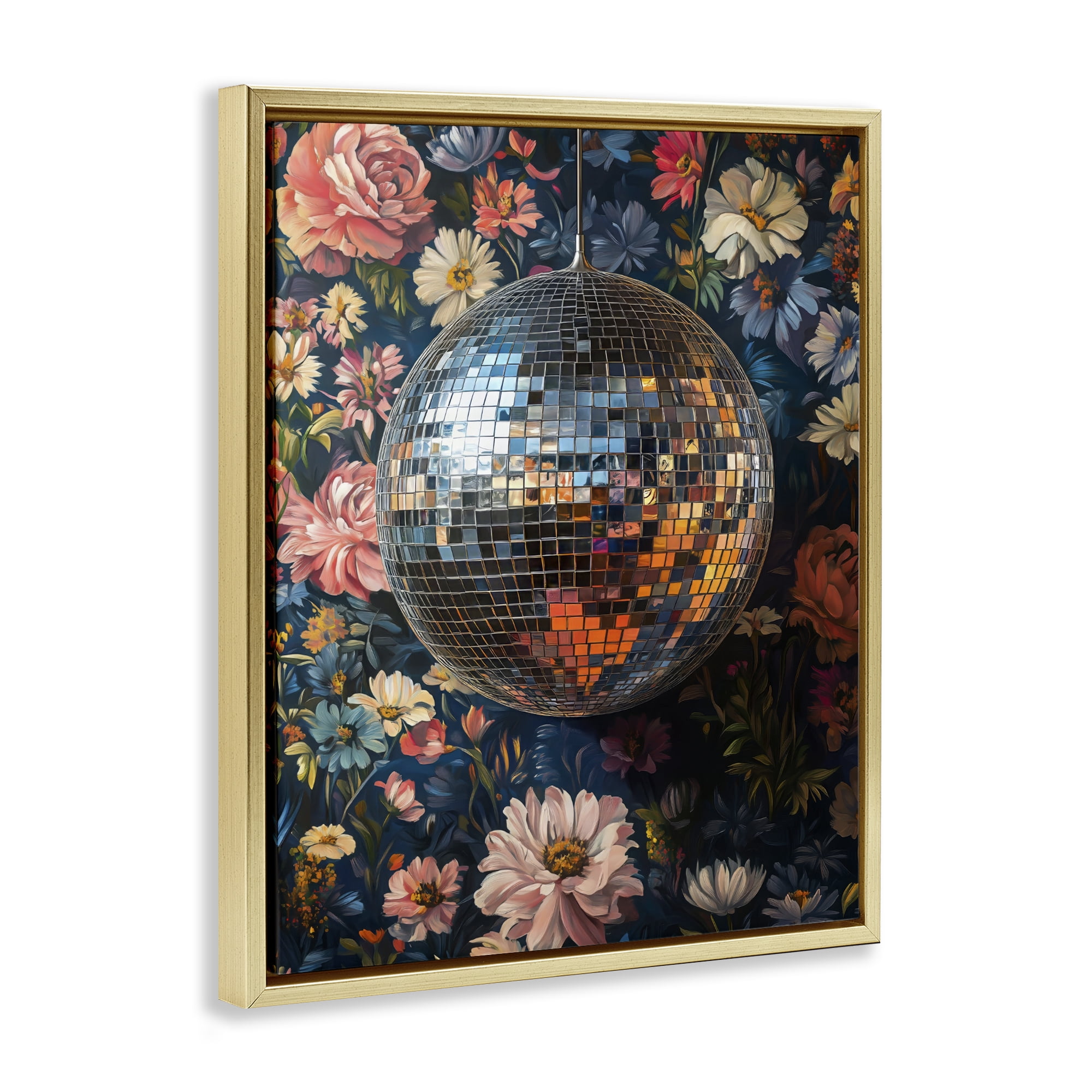 Stupell Industries Floral Disco Ball Reflection Gold Framed Floater Canvas Wall Art, design by LSR Design Studio