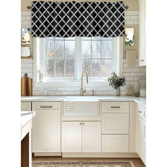 Kitchen Valances for Window, Geometric White Moroccan Lattice Light Filtering Rod Pocket Valance Curtain, Classic Texture Black Short Curtains Window Topper for Bedroom Bathroom Living Room 54x18in