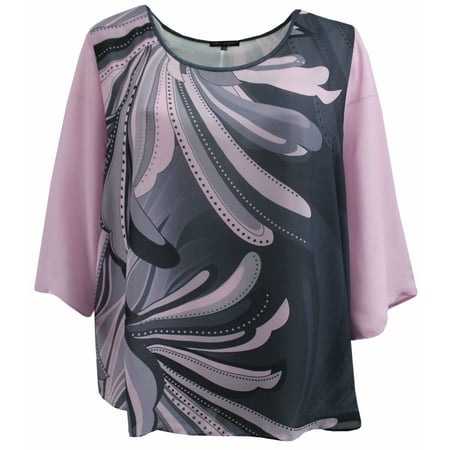 Abstract Blouse - Plus Size Women Two Tone Color Chiffon Abstract Blouse Tee T Shirt Knit Top Dark Pink Grey 1X (17024)