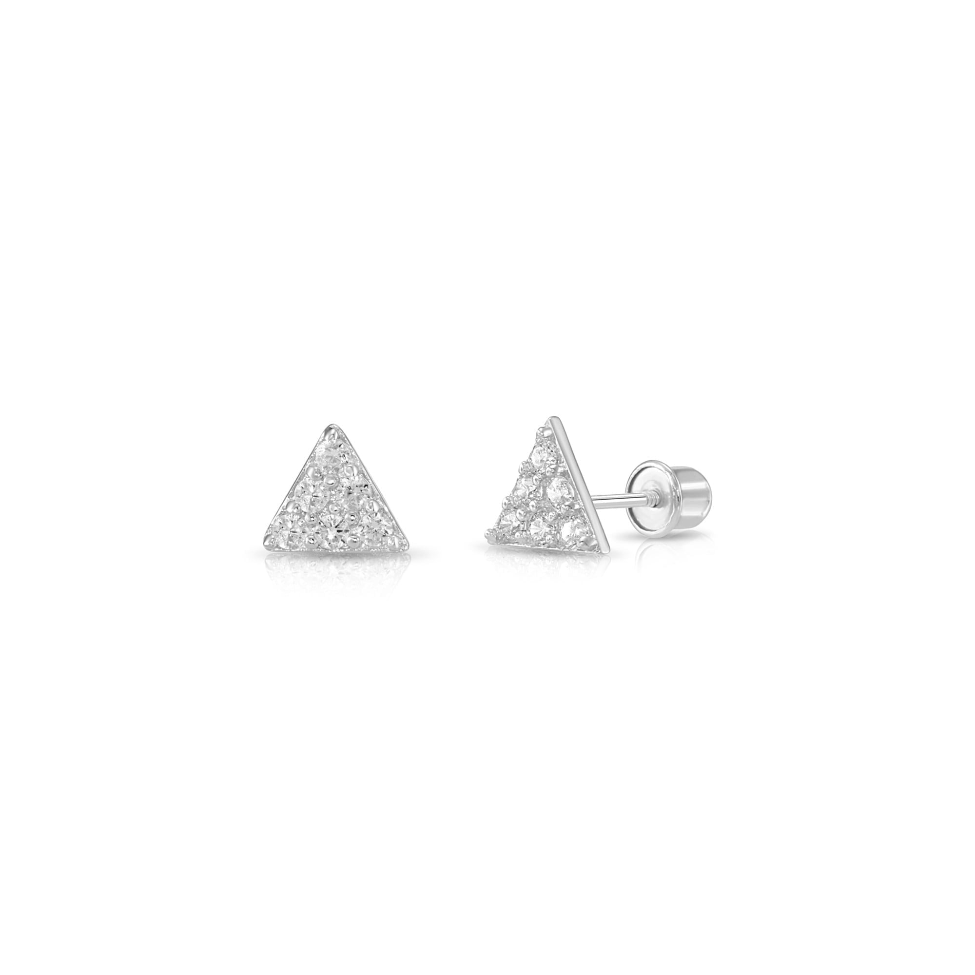 Tilo Jewelry 14K White Gold Small Triangle Shape CZ Stud Post Earrings with Secure Screw-Backs | Everyday Dainty Small Earrings for Women & Unisex