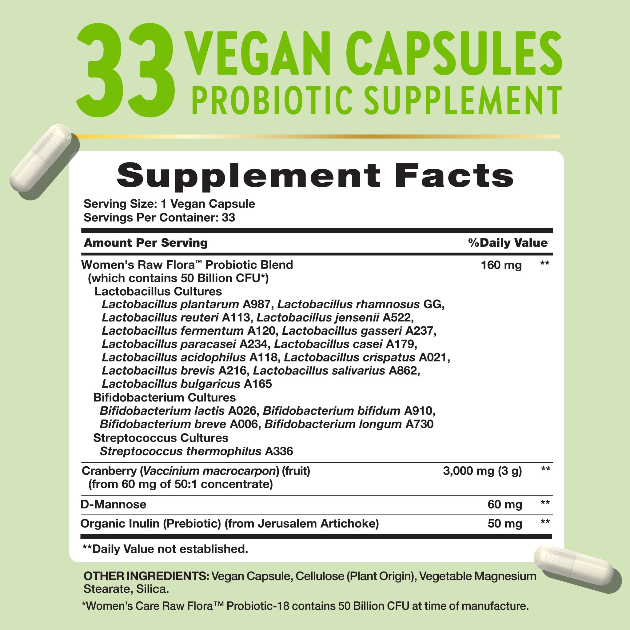 Probiotics for Women | 50 Billion CFU | 33 Capsules | with Cranberry and D-Mannose | by Raw Flora