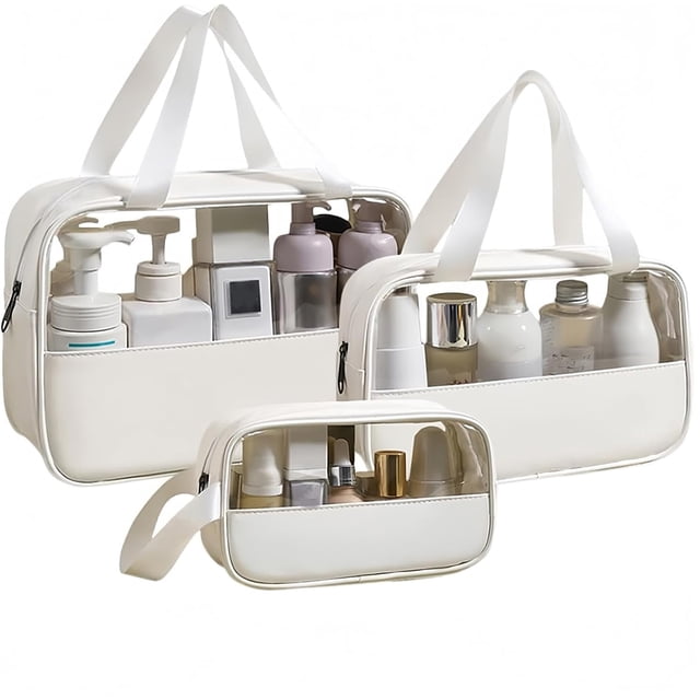 Neceseres de Maquillaje de Viaje, 3 Paquetes, Organizador Cosmético con Cremallera para Mujer, Resistente al Agua, para Brochas y Accesorios Digitales (Blanco)