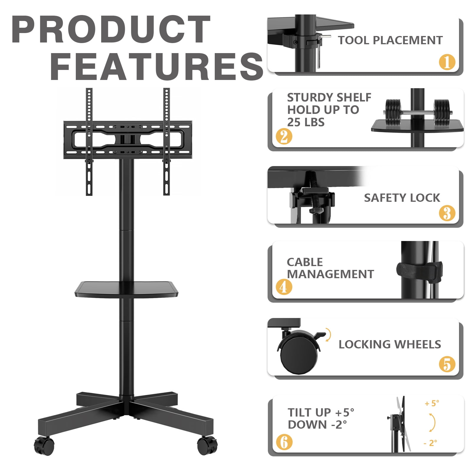 Mobile Rolling TV Cart with Locking Wheels for 23-60 Inch TVs, Adjustable Rolling Floor Stand TV Trolley up to 88 lbs