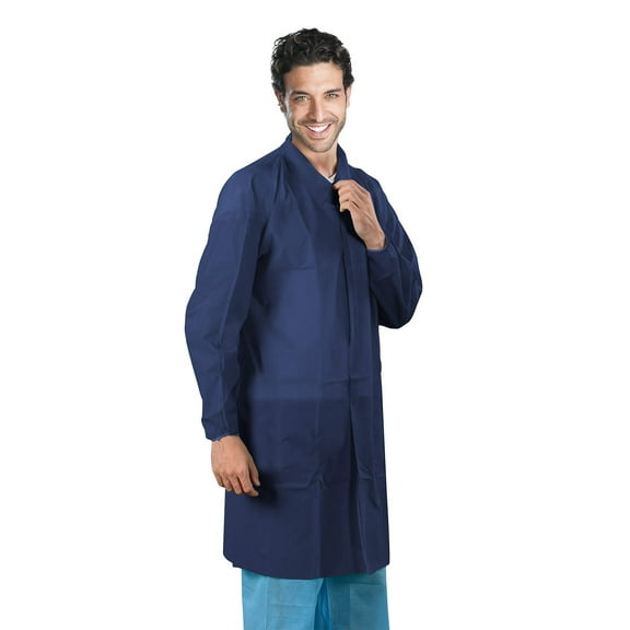 Dark Blue Disposable Lab Coats for Adults, 2X-Large. Pack of 10 Disposable Lab Coat Knee Length. Durable Polypropylene 35 GSM Medical PPE Coat with Elastic Wrist, Loop Fastener