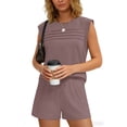thumbnail image 7 of Two Piece Sets for Women Beach Summer Vacation Clothes Women's Solid Color Short Sleeve Front Pleated Round Neck Top and Shorts Set, 7 of 7