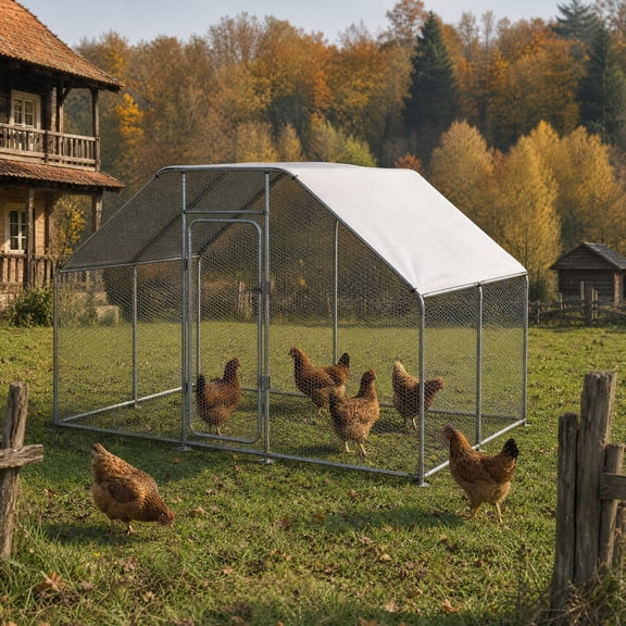 Walk-in Large Metal Chicken Coop with Roof and Run for 6-10 Chickens,Silver