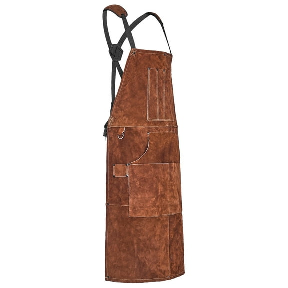 KFFKFF Leather Welding Work Apron, Durable Cowhide Flame-Resistant Apron, Heat-Resistant Blacksmith and Welder Apron with 6 Pockets for Woodworking, Gardening, and BBQ