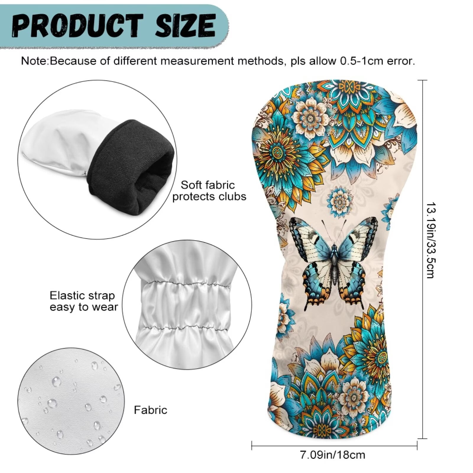 Uorisanigo Golf Club Head Cover PU Leather 3 Pcs Boho Mandala Butterfly Golf Headcovers for Woods and Driver Fairway Hybrids Women, Durable and Stain Resistant, Accessories Protection