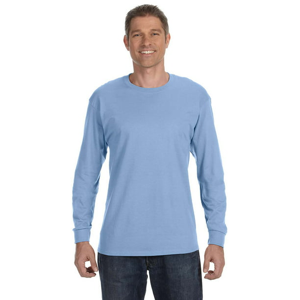 Hanes - Hanes 5586 Long Sleeve Cotton T-Shirt - Light Blue - Medium ...
