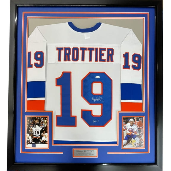 Framed Autographed/Signed Bryan Trottier HOF 97 35x39 New York White Hockey Jersey JSA COA