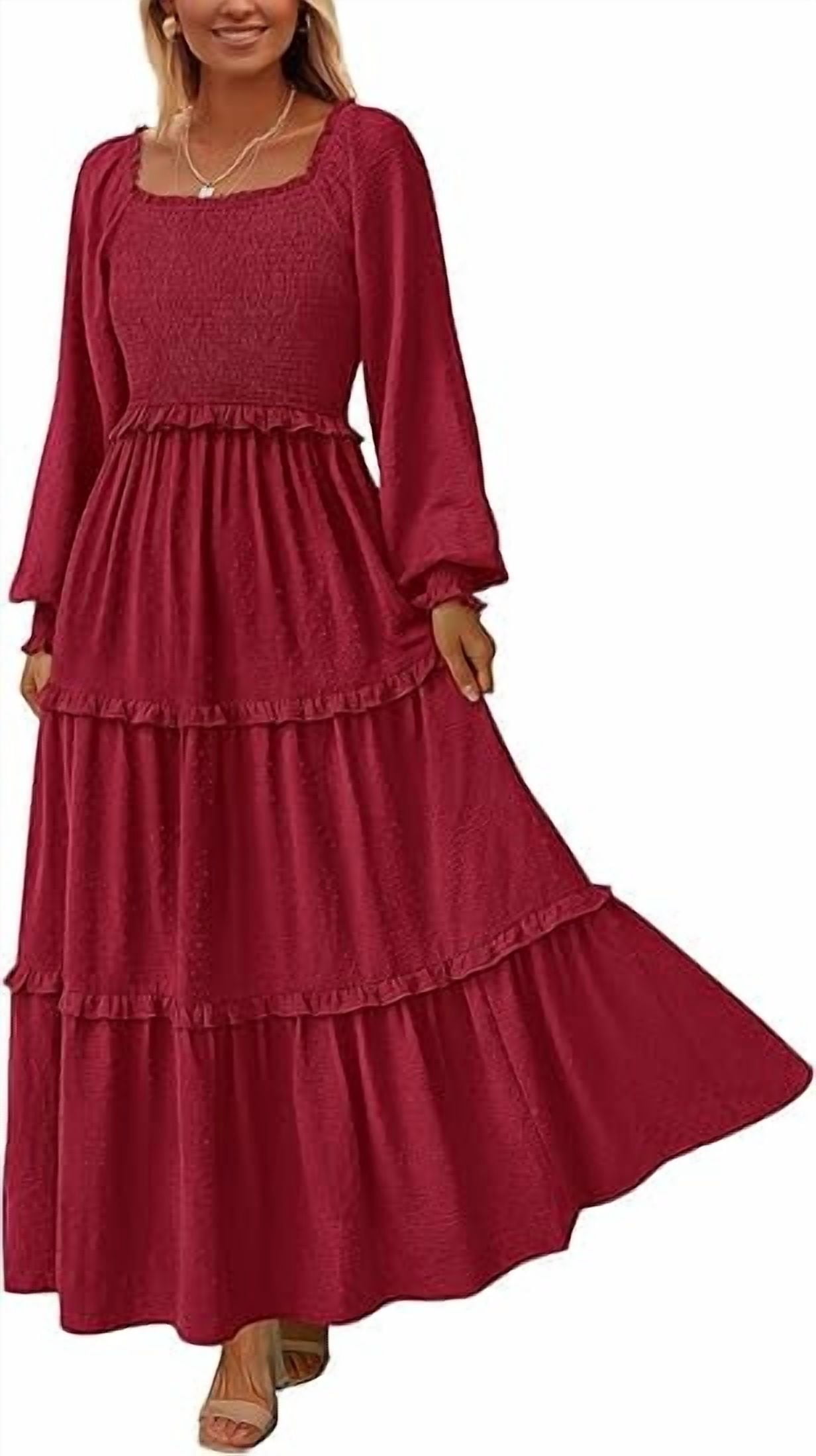 PRETTYGARDEN Women's Spring Long Sleeve Smocked Maxi Dress Casual Square Neck Swiss Dot Tiered Ruffle Flowy Pocket Dresses