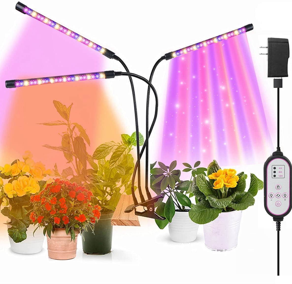 LaMuVii Upgraded 4 Arms Grow Light Full Spectrum with 3/9/12H Timer 5 Dimmable Levels Desk Plant Lamp for Greenhouse Hydroponics Succulent Flower Plant Light for Indoor Plants 