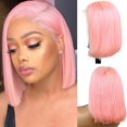 thumbnail image 1 of Pelucas Bob rosadas con encaje frontal de 13x4, cabello humano de 16 pulgadas, pelucas Bob de encaje transparente HD sedoso y liso para mujeres, densidad del 180%, parte media, cabello virgen rosa, nu, 1 of 3