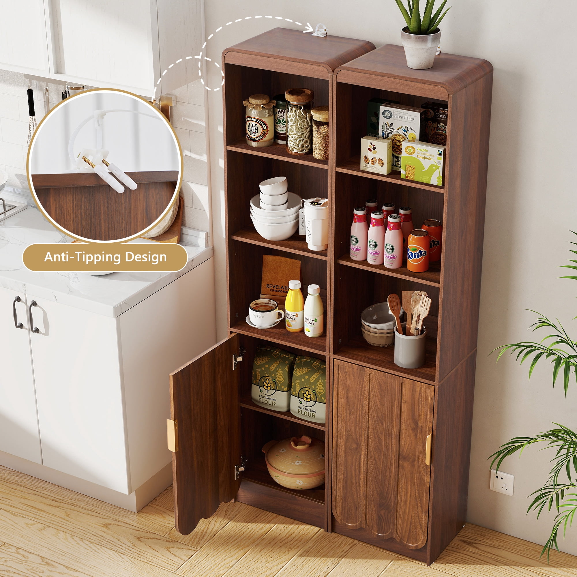YOCWO 67" Tall Bathroom Storage Cabinet with Adjustable Shelves, 5 Tiers & 1 Door Bathroom Storage Tower with Wave Panel & Mental Handle, Freestanding Narrow Cabinet for Small Spaces, Walnut