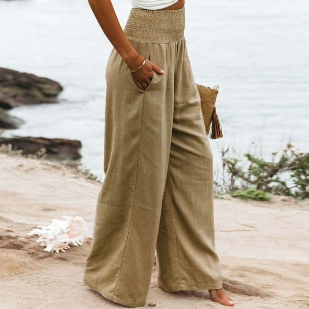 Pantalón De Pierna Ancha Pantalones casuales de mujer Algodón Lino Suelto Sólido Verano Pantalón de pierna ancha (Caqui XL) Kuymtek para Mujer Caqui T L
