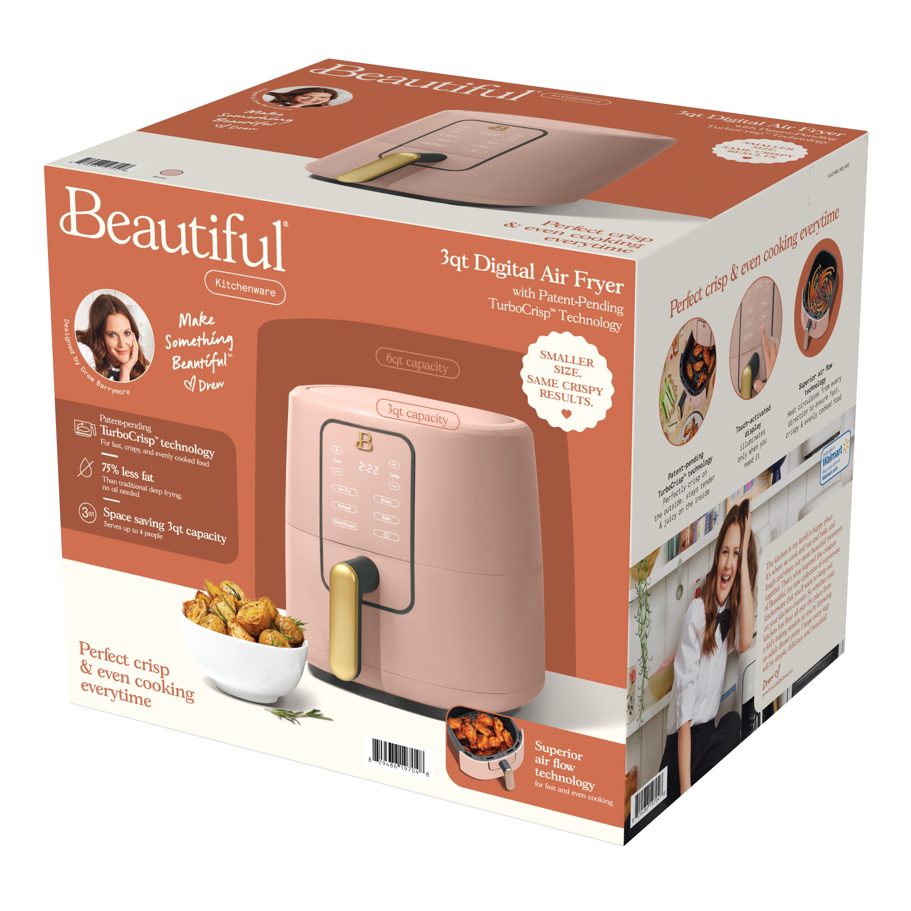Beautiful 3 Qt Air Fryer with TurboCrisp Technology, Rose by Drew Barrymore