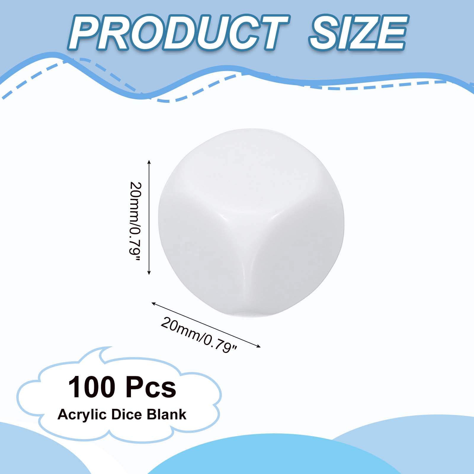 20 mm Acrylic Dice Blank, 100 Pcs Rounded Corner Blank Dice with Smoothed Surface Six Sided for Board, White