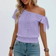 thumbnail image 6 of Miluxas Women's Trendy One Shoulder Blouse - Eyelet Lock Knit Short Sleeve Top with Bow Tie Smocked Hem Solid Tunic Shirts Summer Beach Outfits Purple, 6 of 9
