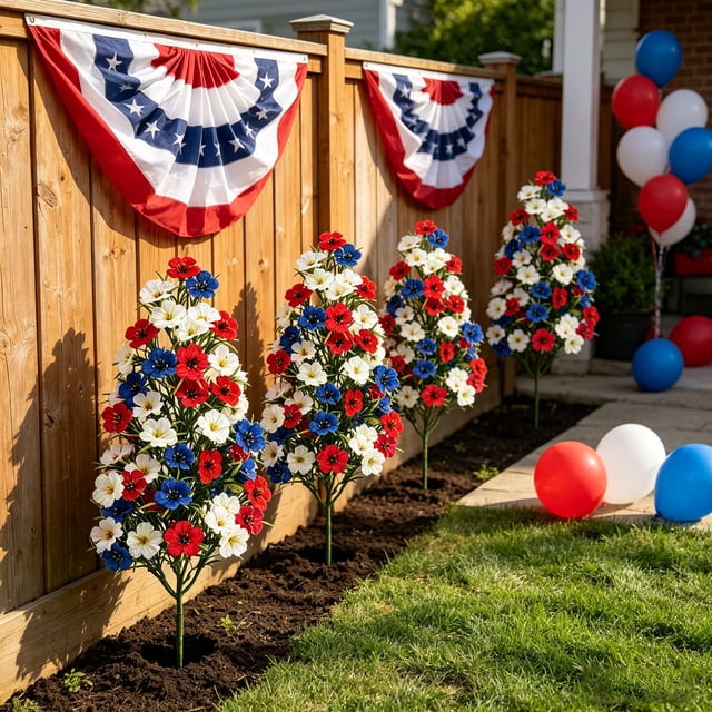 Flores artificiales violetas para jardín | Estacas florales patrióticas con enchufe | Tallos decorativos rojos, blancos y azules | Decoración navideña para exteriores: patio, césped, camino