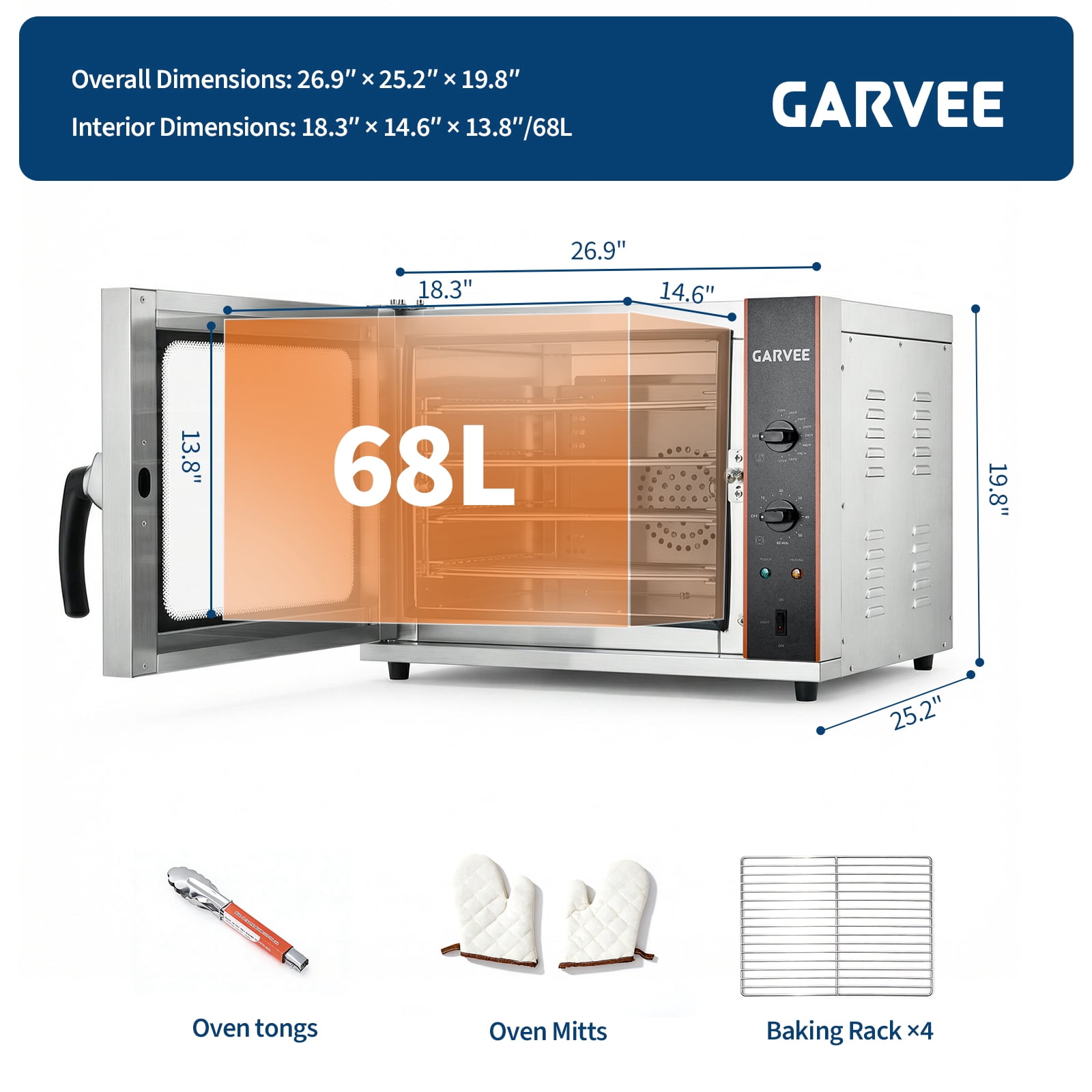 60Qt Commercial Countertop Convection Oven – 4-Tier Toaster, Air Fryer Combo, Front Glass Door, 2400W, 4 Trays & Wire Racks, Kitchen Appliance – 2.3 cu ft, Half-Size, US Plug 1.5m, Temp 30°C-300°C