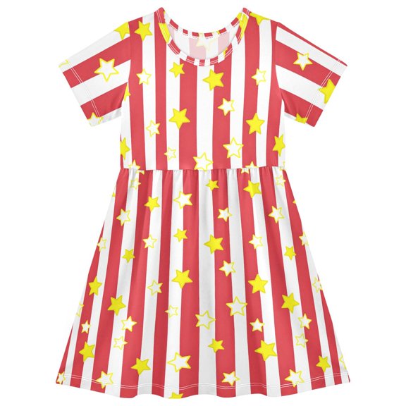 Star Yellow Short Sleeve Dress A-Line Cute Midi Casual Sundress 2-8 Years