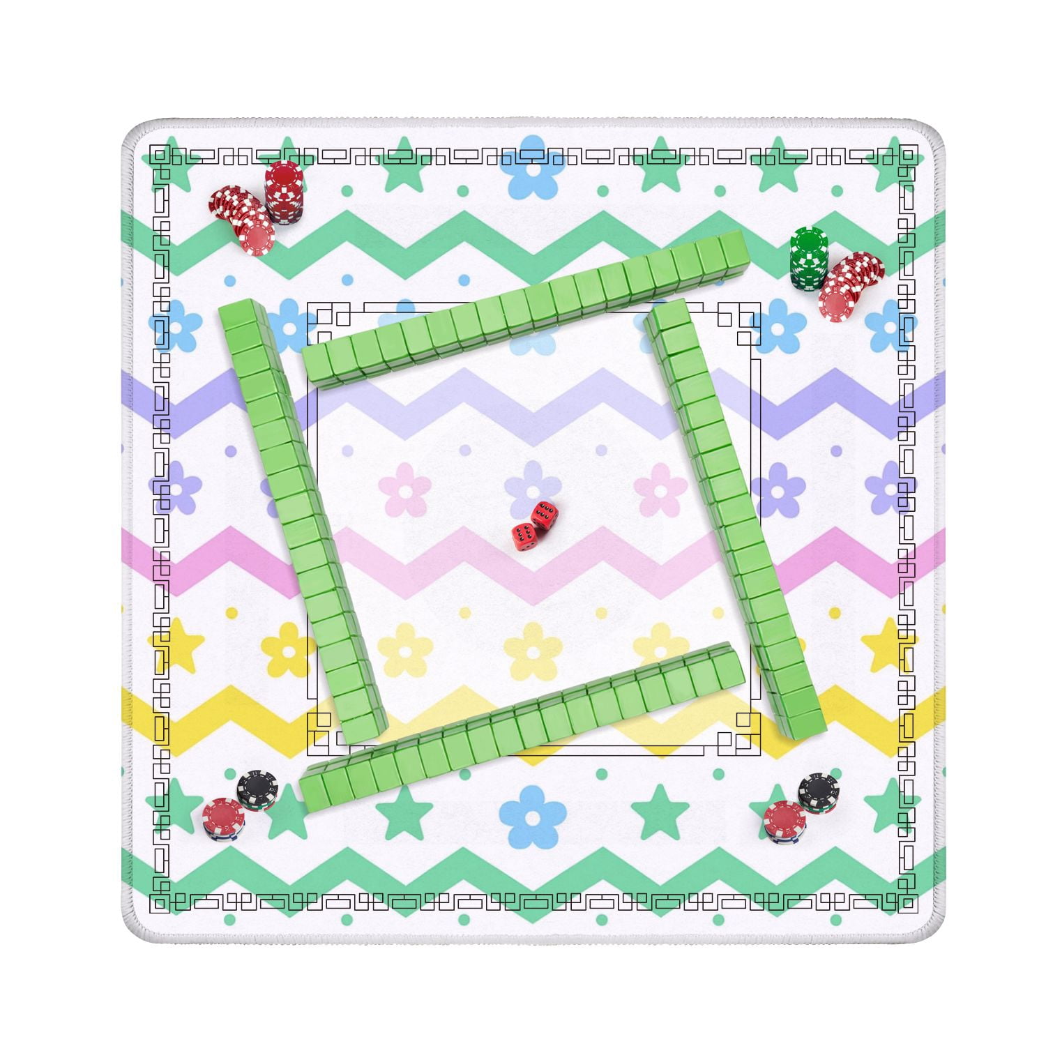Mahjong Mat 31.5" x 31.5" Pastel Zigzag Stars Flowers Soft Colors Non-Slip Noise Reduction American Mahjong Tiles Table Cover for Dominoes Poker Card Board Games Gift