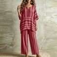 thumbnail image 5 of Two Piece Sets for Women Summer Ndbuld Women’s Fashion Pinstripe V- Neck Short Sleeve Elastic Waist Pocket Long Pants Sets Red XL, 5 of 5