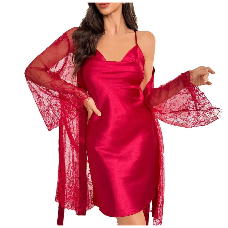 2 Piece Women Satin Nightgowns and Robe Set Lace Silk Slip Dress Long Home  Suit Nightdress Sleepwear Red S - Walmart.com