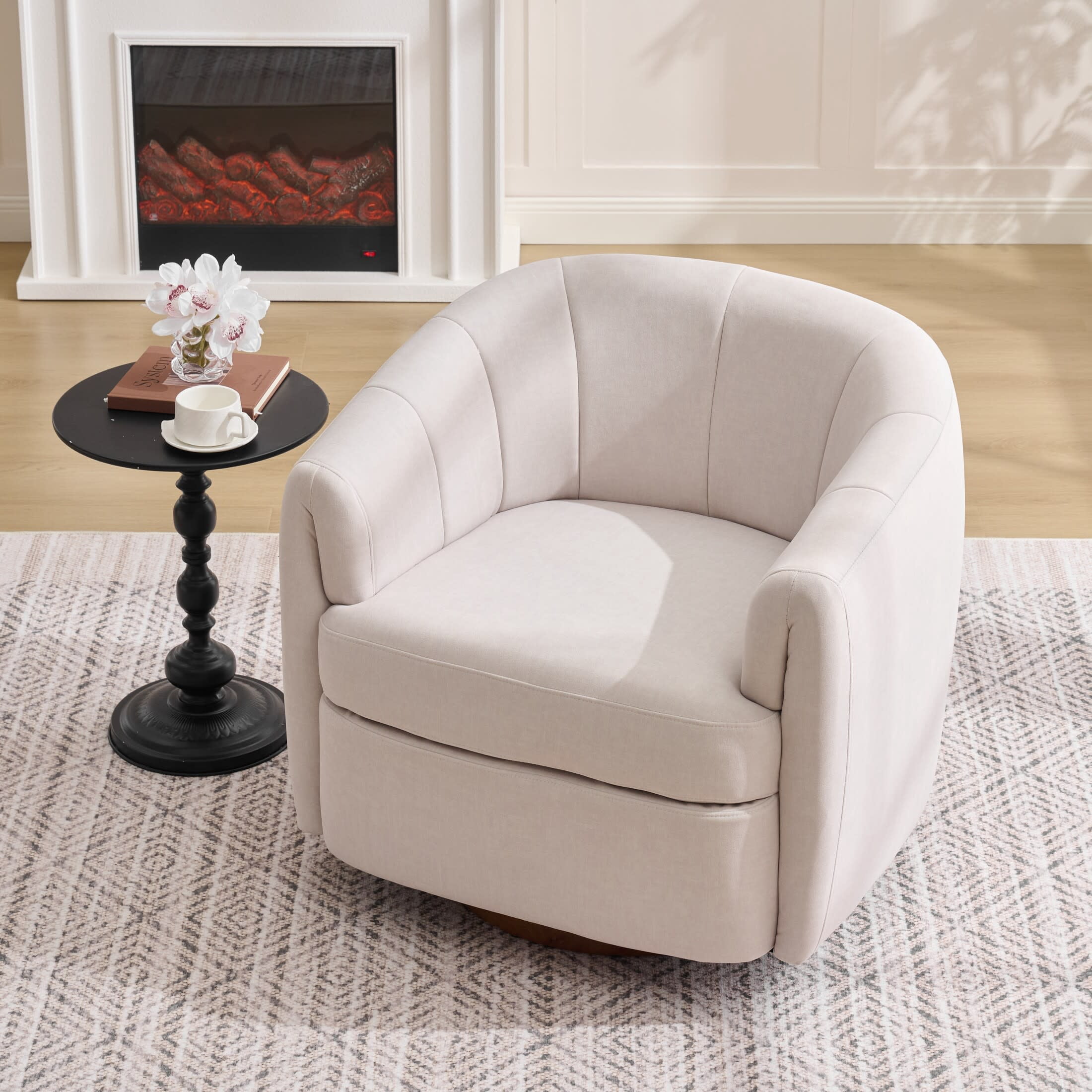 Noble House Swivel Accent Chair with Solid Wood Base, Velvet Upholstered Armchair for Living Room, White