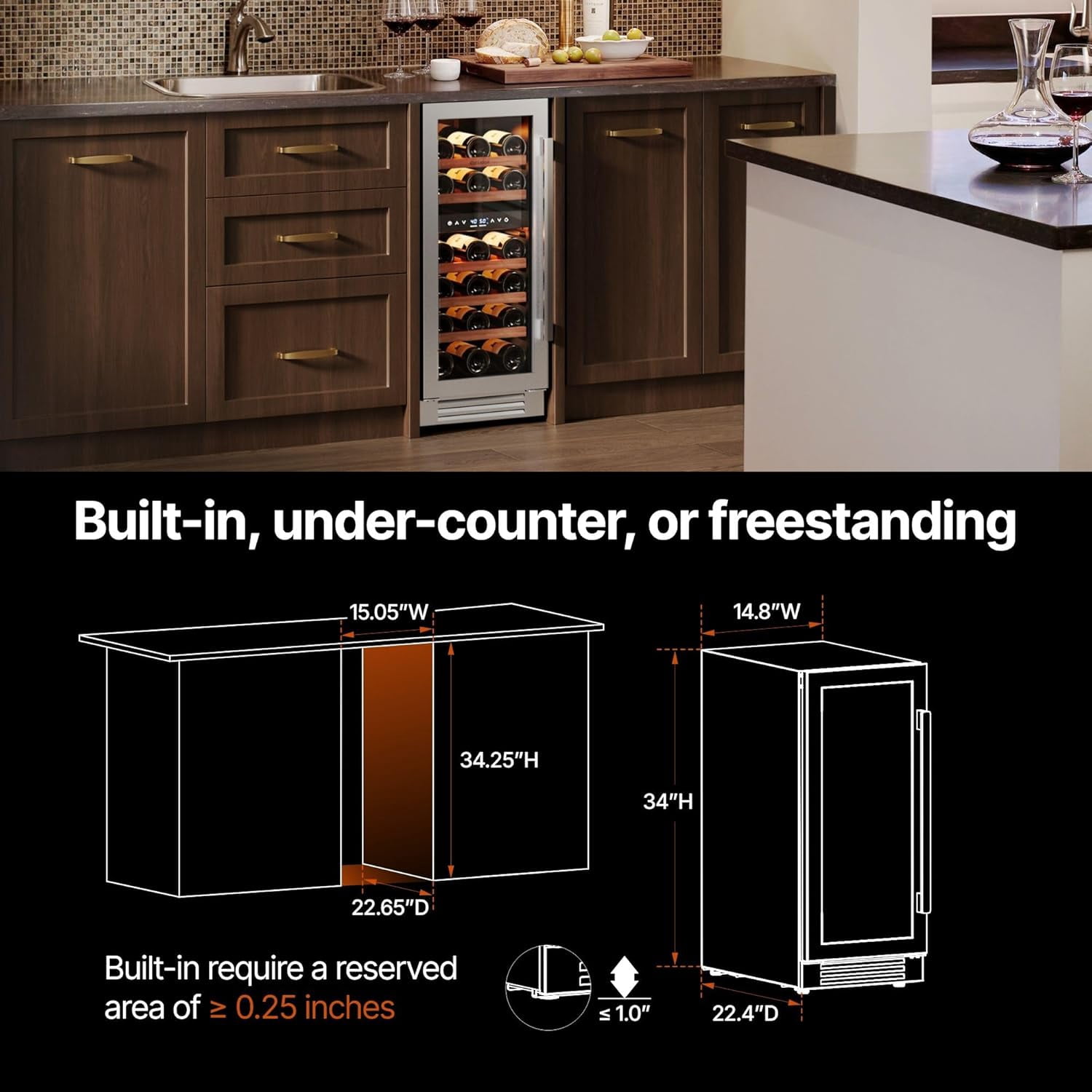 Ca'Lefort 28 Bottle Wine Refrigerator and Cooler, 15 inch Dual Zone Wine Fridge with Tempered Glass Door for Home/Office(Left Opening), Built-in & Freestanding