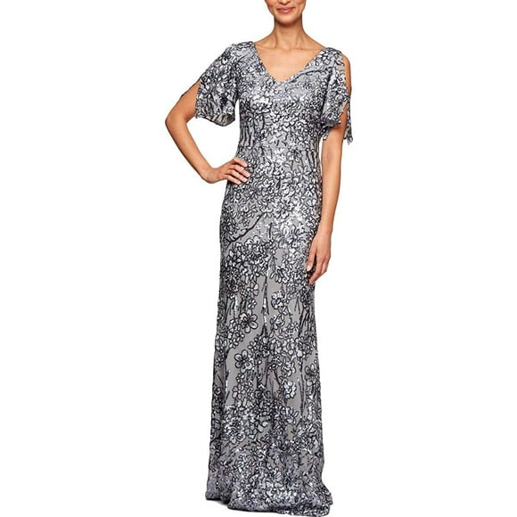 Alex Evenings Womens Long Sequin Dress with Flutter Sleeves 14 Silver