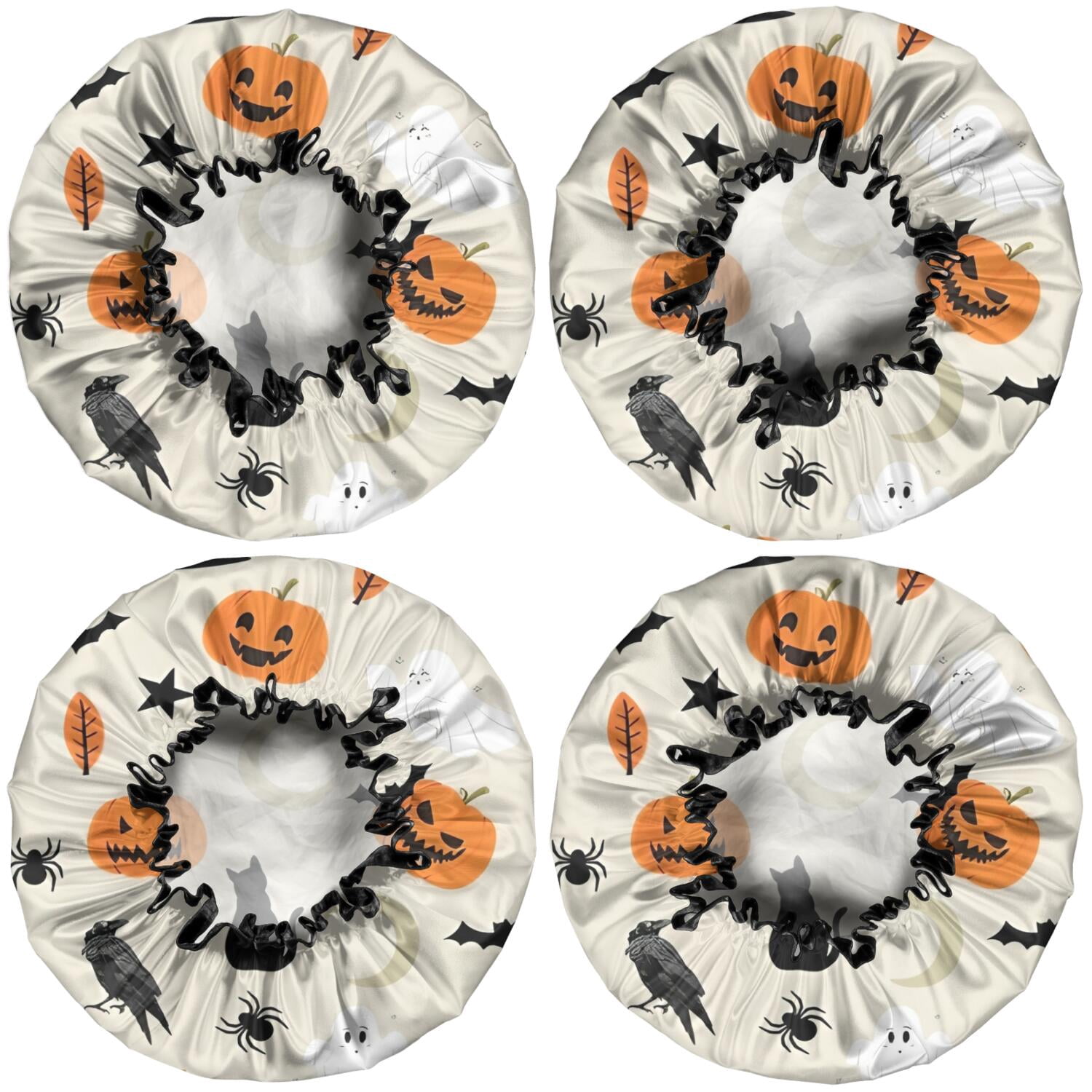 Shower Caps,Beige Halloween Pumpkins Ghosts and Bats Waterproof Shower Cap for Women 4 Pieces,Double Reusable Hair Cover for Shower PEVA Elastic Stretch Hem