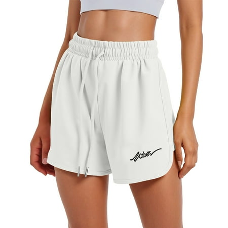 OHGOD Womens Soft Shorts  Athletic Women s Shorts  Plus Size Sweat Shorts  Womens Casual Embroidered Letter Drawstring Waist Shorts - Trendy Summer Activewear - White - 2XL