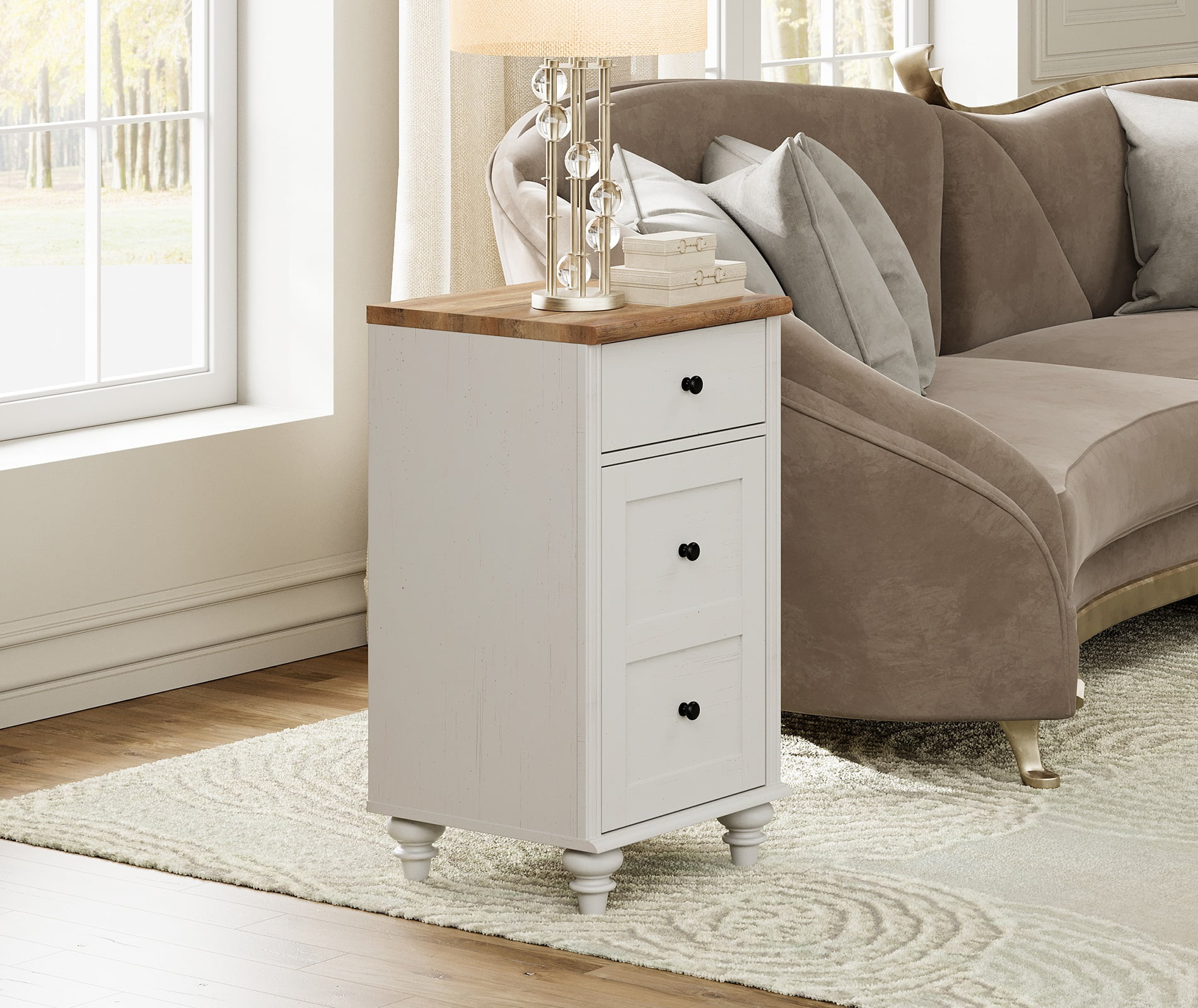 White End Tables with Charging Station, Farmhouse Side Tables with Drawer and cabinet, Wooden Nightstands Featuring Power Outlets for Living Room and Bedroom(Set of 2 )