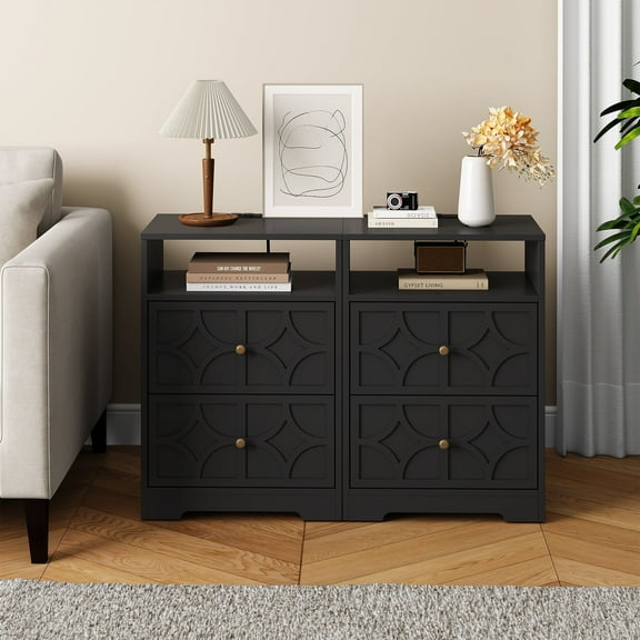 Cozy Home 2-Drawer Nightstand with Charging Station, Modern Side Table with Diamond Carvings and Gold Knobs, Ideal for Living Room, Bedroom, Entryway, Black, Set of 2