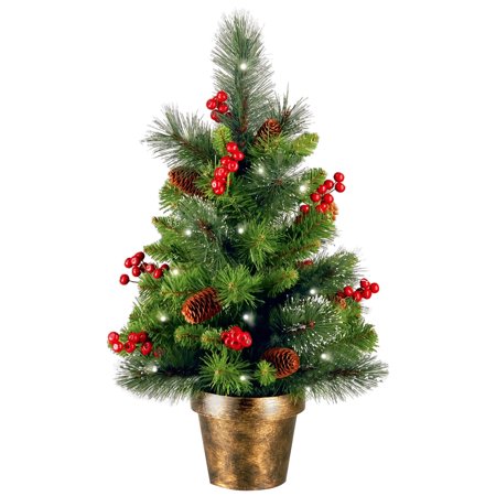 National Tree Pre-Lit 2' Crestwood Spruce Small Artificial Christmas Tree with Silver Bristle, Cones, Red Berries and Glitter in a Plastic Bronze Pot with 35 Battery Operated Clear LED