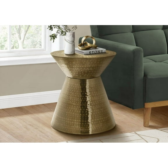 Gold Metal Drum Side Table, 22" High, Hammered, Contemporary, Perfect for Bedroom or Living Room