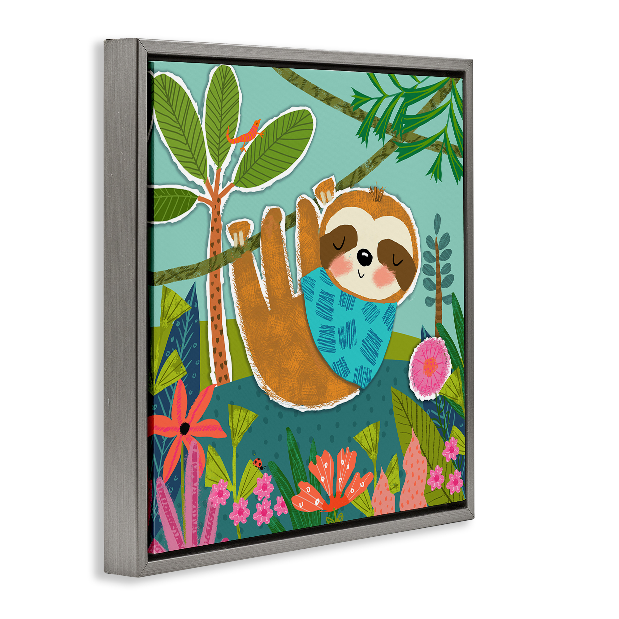 Stupell Industries Sleepy Sloth in Nature Animals Painting Gray Floater Framed Canvas Art Print Wall Art, 18 x 18