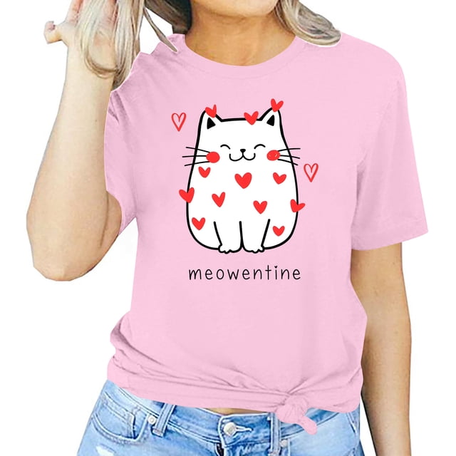 Meichang T-Shirts pour Femmes Valentines Day T-Shirts Amusants Imprimés Valentines Day Hauts Mignons Col Rond Manches Courtes Décontractées T-Shirts de Vacances Valentines Day
