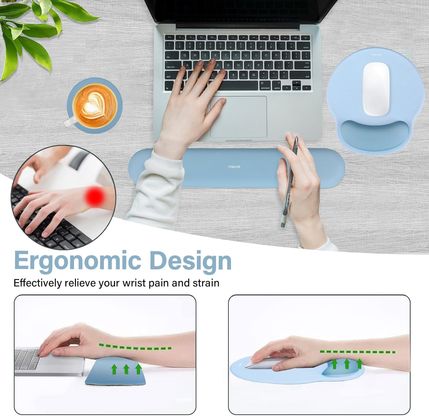 MOSISO Wrist Rest Support for Mouse Pad&Keyboard Set, Circle Curved Ergonomic Mousepad&Coaster Non-Slip Base Home/Office Pain Relief&Easy Typing Pad with Soft Cloth&Silicone Lining