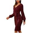 thumbnail image 2 of YHAJDS Women's Dresses Long Sleeve Dress Solid Color V Neck Knee Length Casual Dress Fall Dresses for Women Elegant Slim Comfortable Fabric Suitable for Fall Winter Daily or Semi Formal, 2 of 5