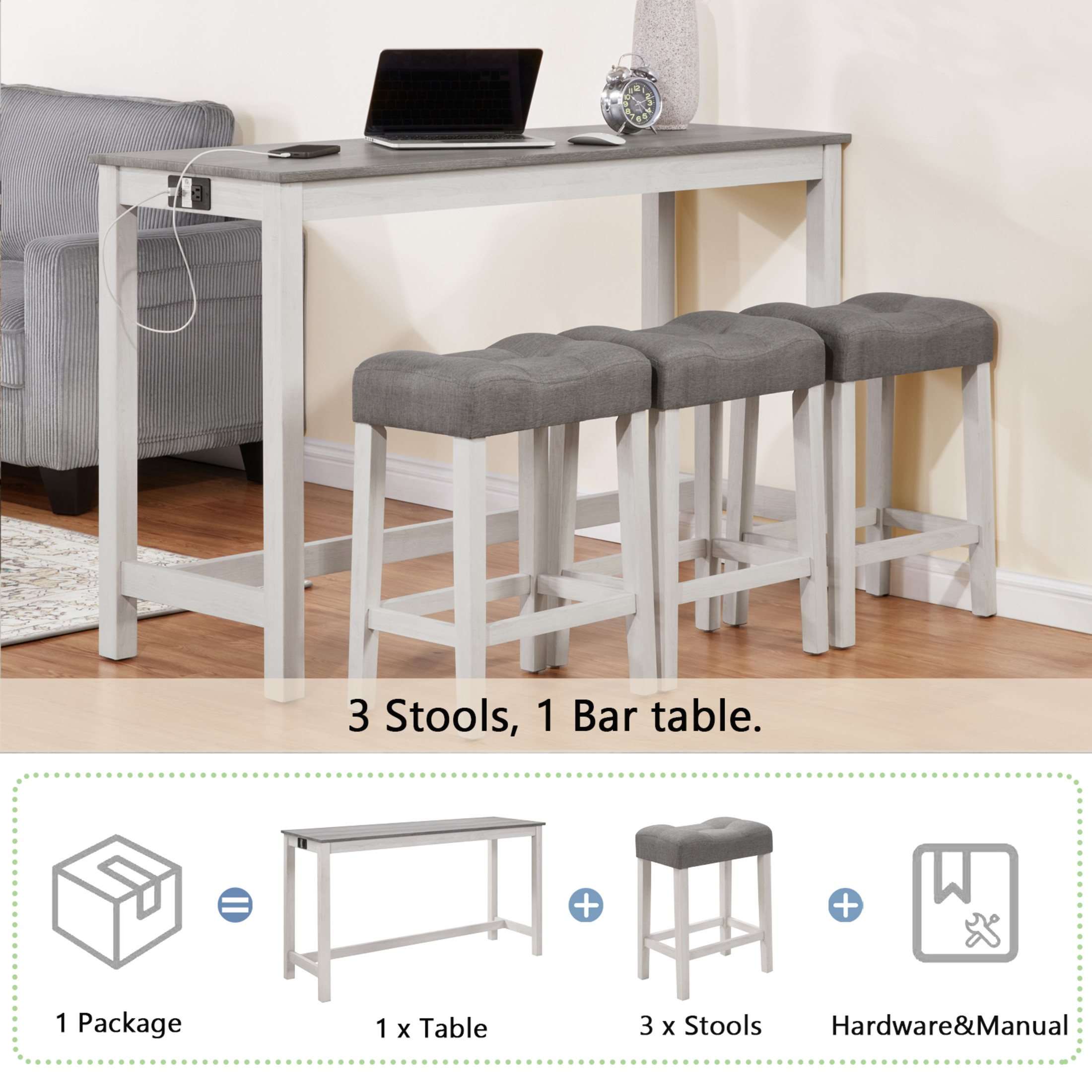 Noble House 35.5"H Dining Bar Table Set with Power Outlet, Upholstered Counter Stools for 3, Gray+White Finish