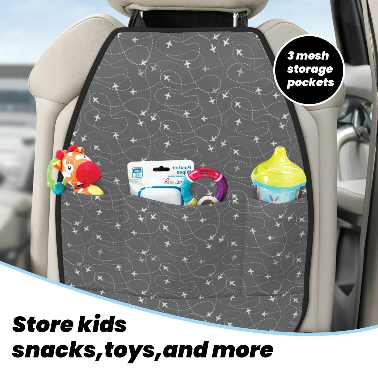 Kdxio Airplane Routes Around The World Print 2 Pack Car Kick Mat Seat Cover Back Protector Mat with Pockets for Organizer Backseat Protector and Storage Anti Kick Pad for Vehicles