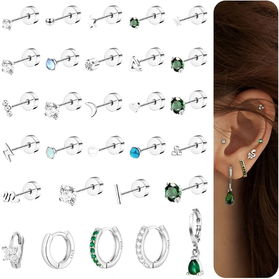 DESIGNICE 2026 New Surgical Stainless Steel Stud Hoop Earring Sets for Multiple Piercing Tiny Gold Flat Back Earrings for Cartilage Small Cz Emerald Green Earrings Hypoallergenic Nap Studs for Women
