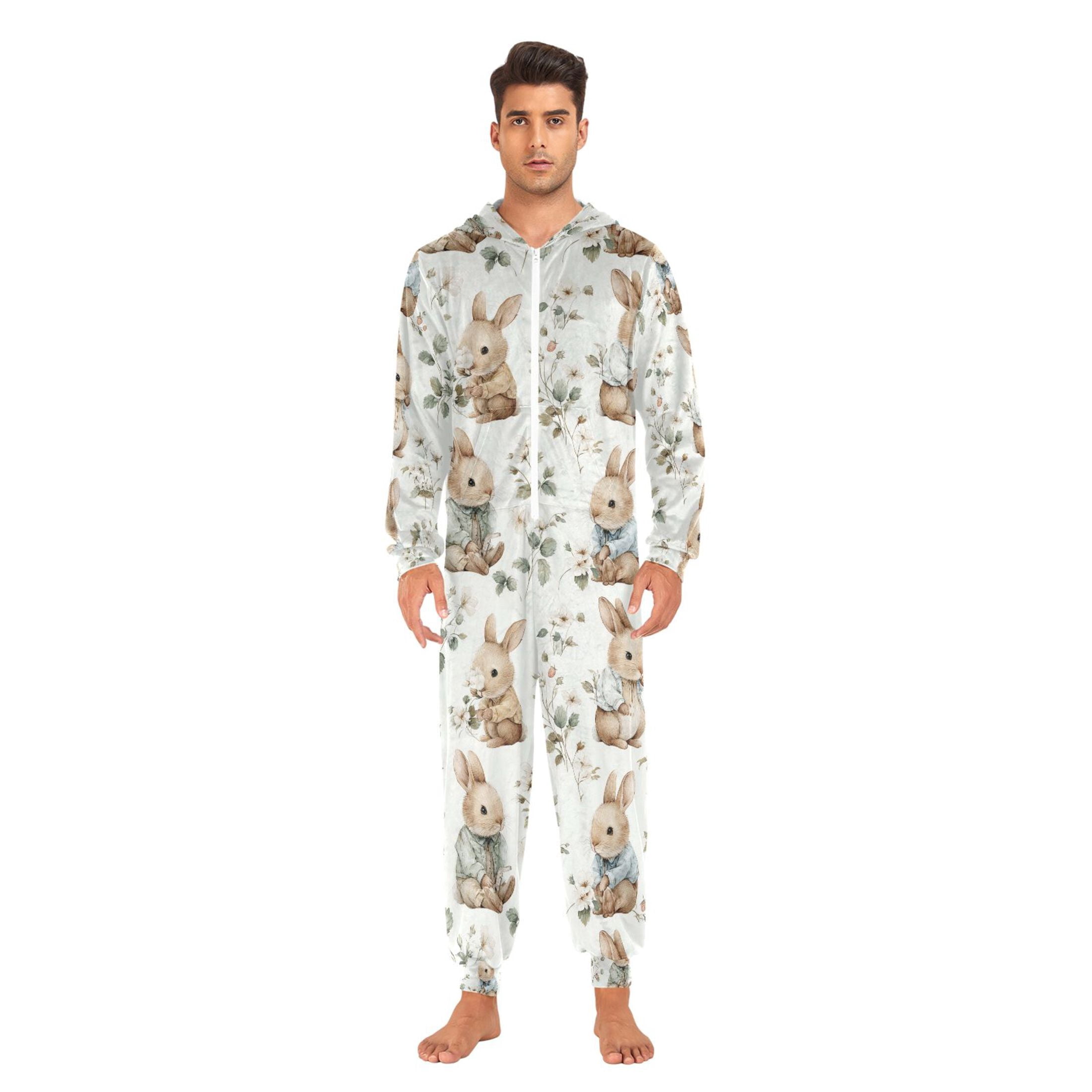 Adult Christmas Onesie Rabbit and Leaves Adult Zipper One-Piece Pajamas Unisex Pajamas with Pockets