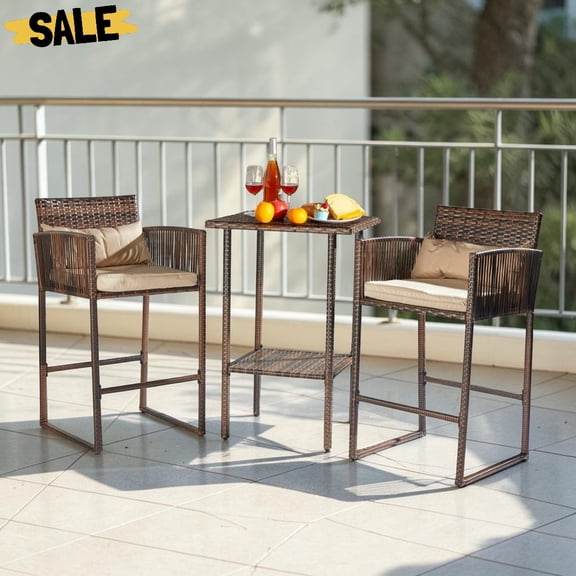 IVV 3-Piece Outdoor Wicker Bar Height Table Set, 2 Bar Stools and 1 Pub Table with Storage Shelf, Seat Cushions, Steel Frame, Brown
