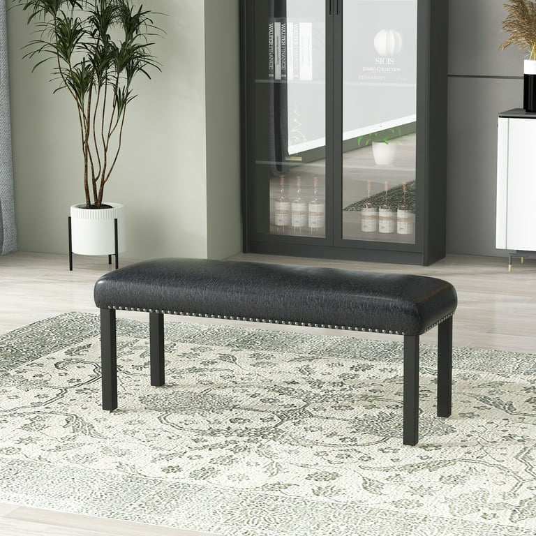PU Leather Upholstered Dining Bench with Nailhead Trim Black