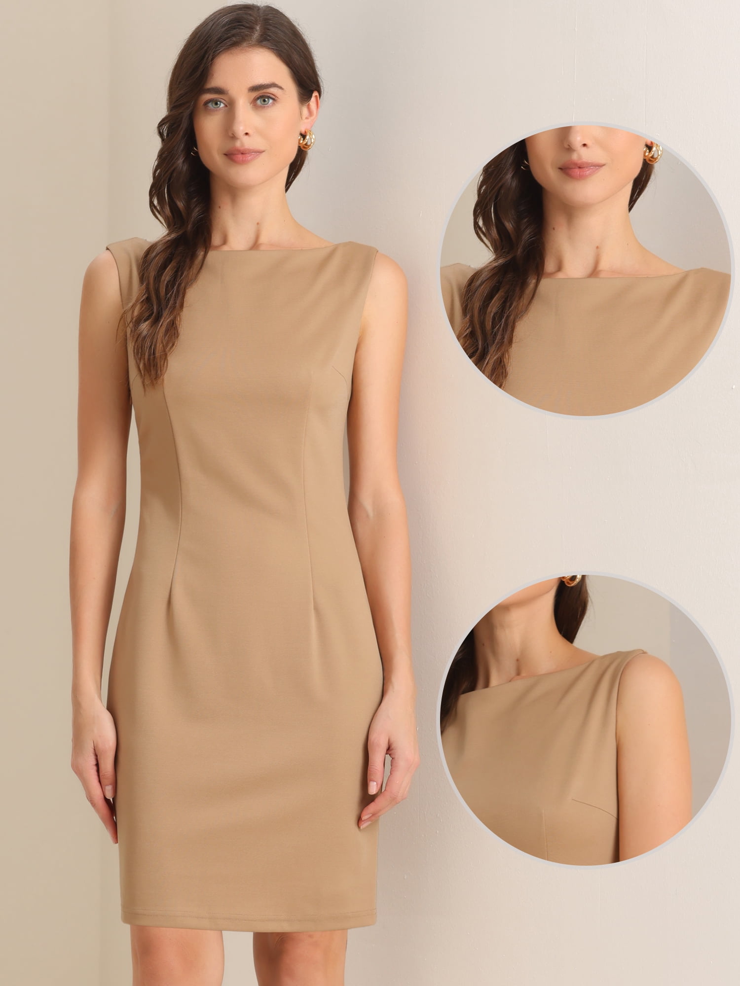 DARING DIVA Women's Soft Boat Neck Casual Office Sleeveless Sheath Dresses XL Khaki