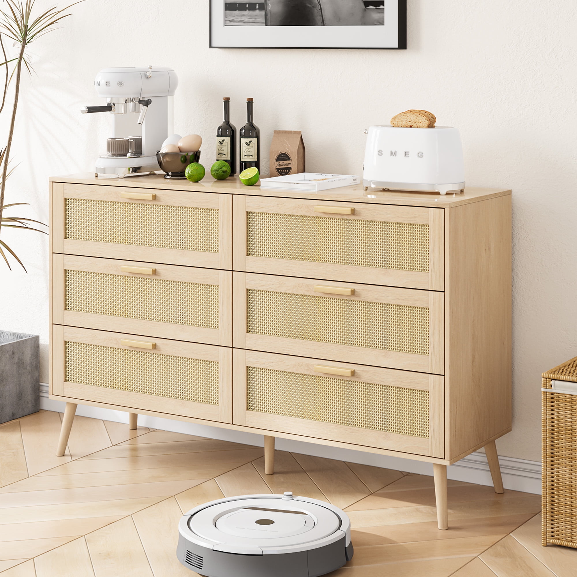 Finihen Rattan 6 Drawers Chest of Dressers, Modern 6 Drawer Dresser, Wide Chest of Drawers with wood Handles, Rattan Dresser Storage Cabinet, for Living Room, Bedroom, Hallway, Natural
